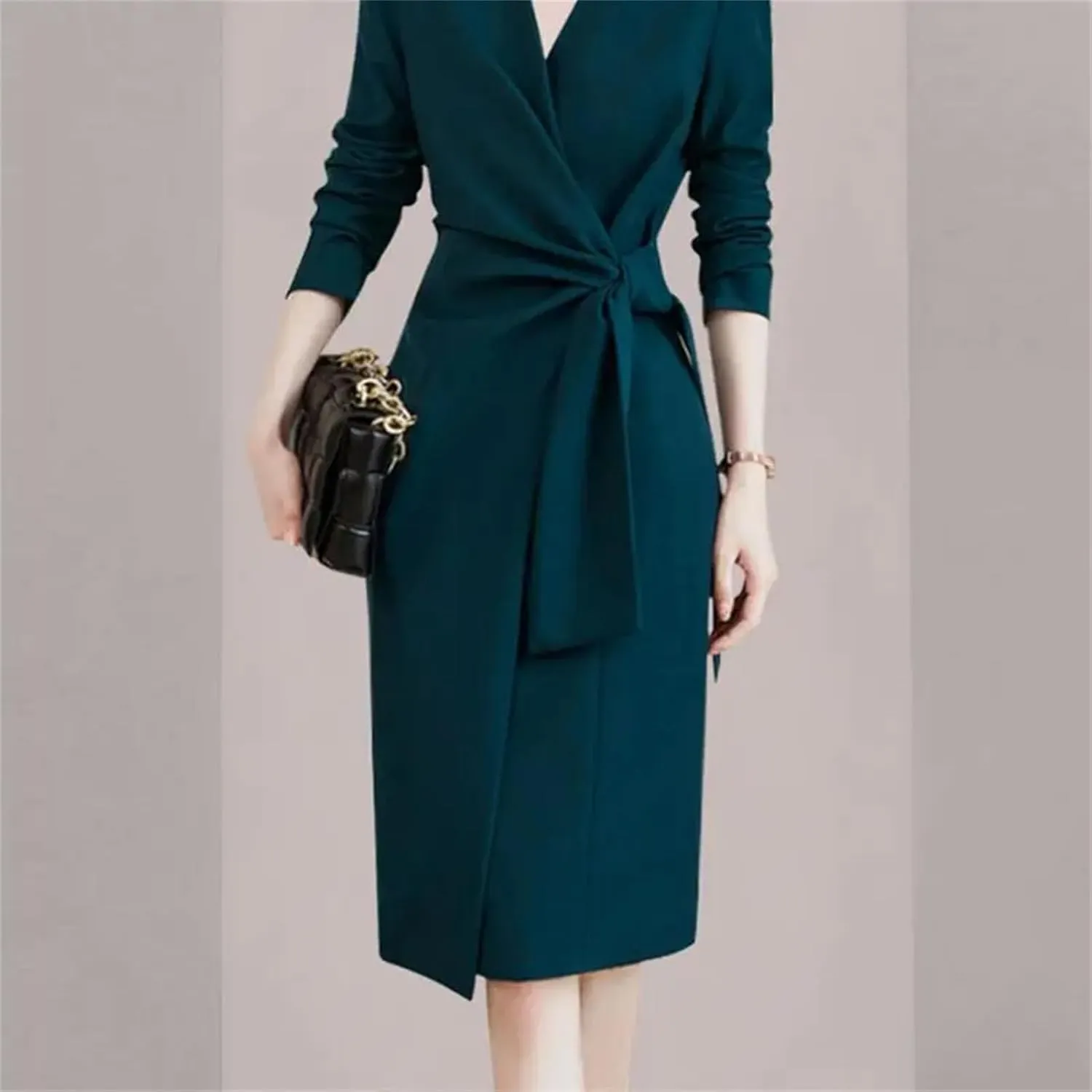 Women's Elegant OL Bodycon Dress - V-Neck Long Sleeve Lace-Up Mid-Length Party Evening