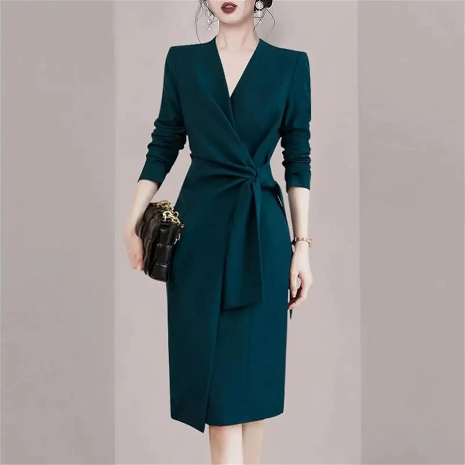Women's Elegant OL Bodycon Dress - V-Neck Long Sleeve Lace-Up Mid-Length Party Evening