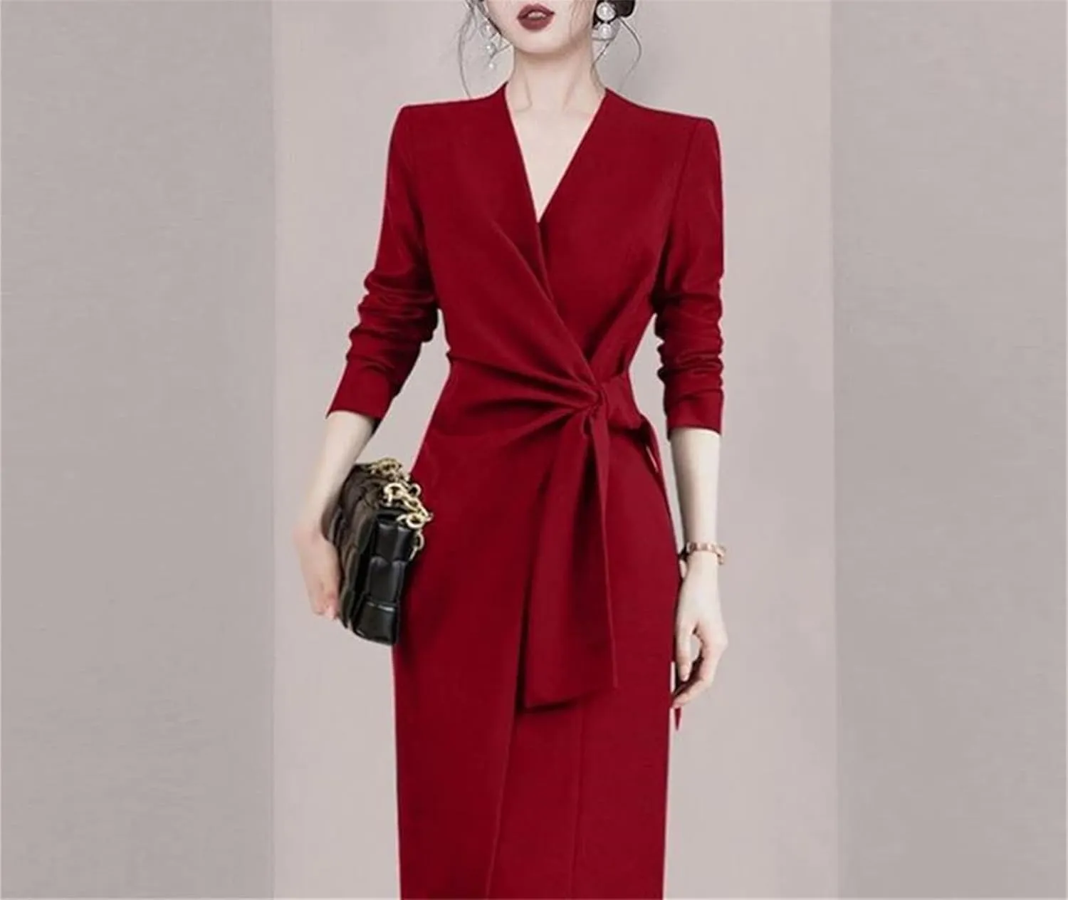 Women's Elegant OL Bodycon Dress - V-Neck Long Sleeve Lace-Up Mid-Length Party Evening