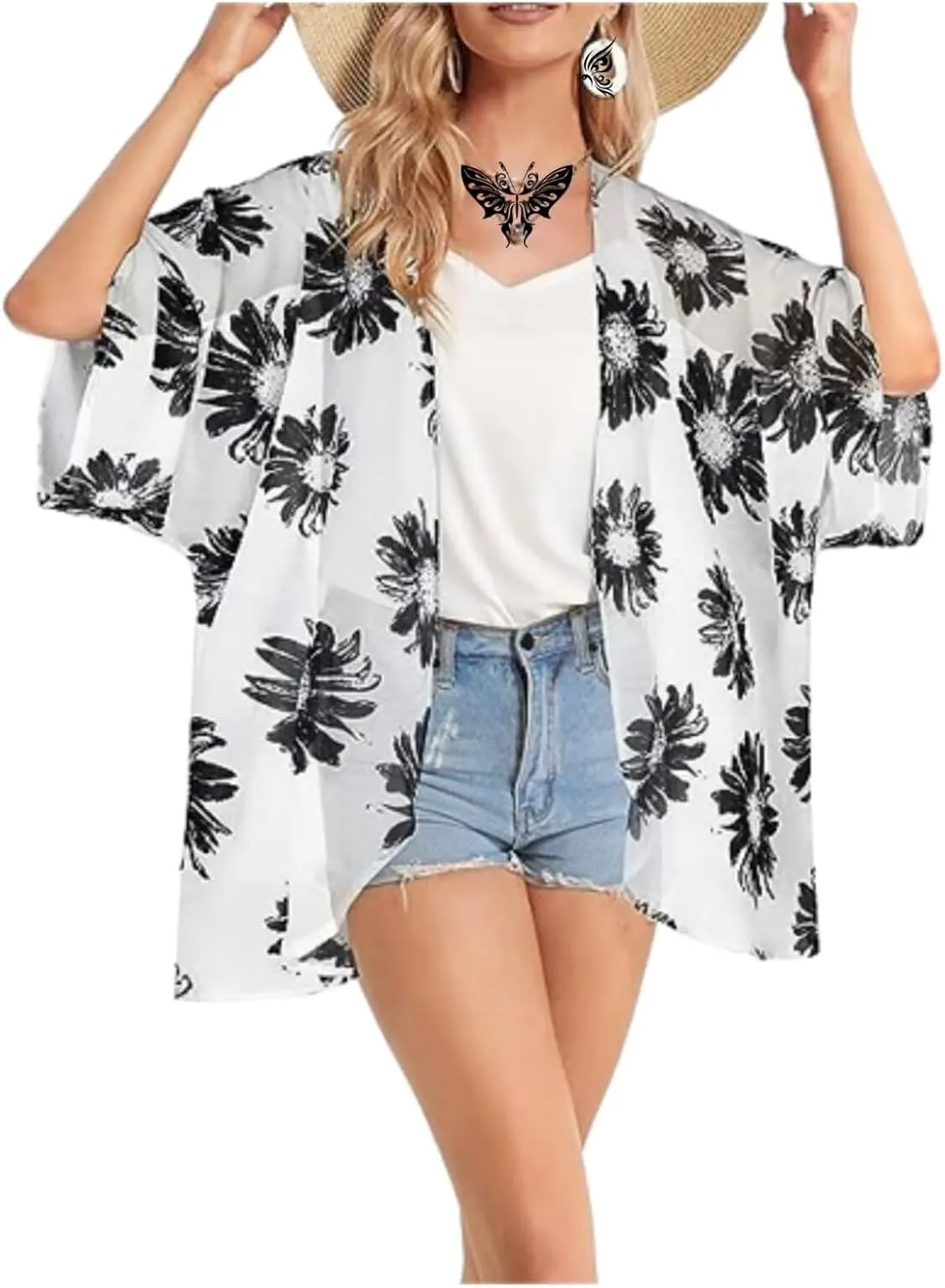 Women's Floral Print Puff Sleeve Kimono Cardigans Chiffon Casual Loose Open Front Cover Tops Cardigan Blouse