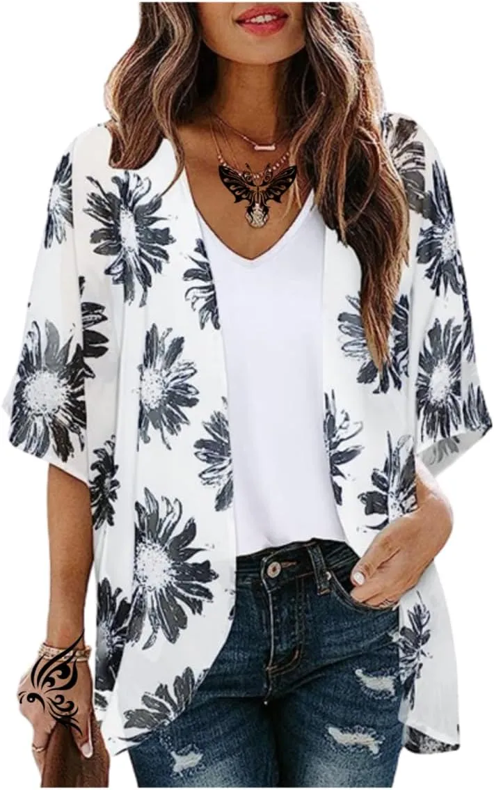 Women's Floral Print Puff Sleeve Kimono Cardigans Chiffon Casual Loose Open Front Cover Tops Cardigan Blouse