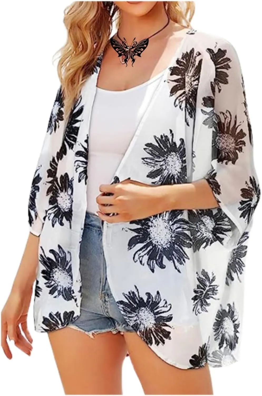 Women's Floral Print Puff Sleeve Kimono Cardigans Chiffon Casual Loose Open Front Cover Tops Cardigan Blouse