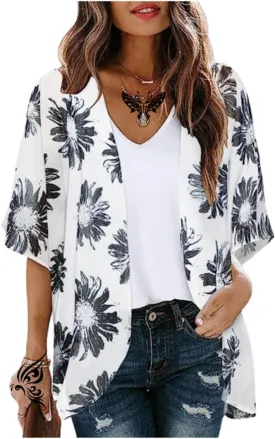 Women's Floral Print Puff Sleeve Kimono Cardigans Chiffon Casual Loose Open Front Cover Tops Cardigan Blouse