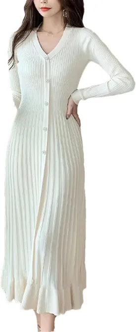 Women's French Vintage Knitting Pleated Ruffles Dress - Solid Color Long Sleeve V-Neck Evening