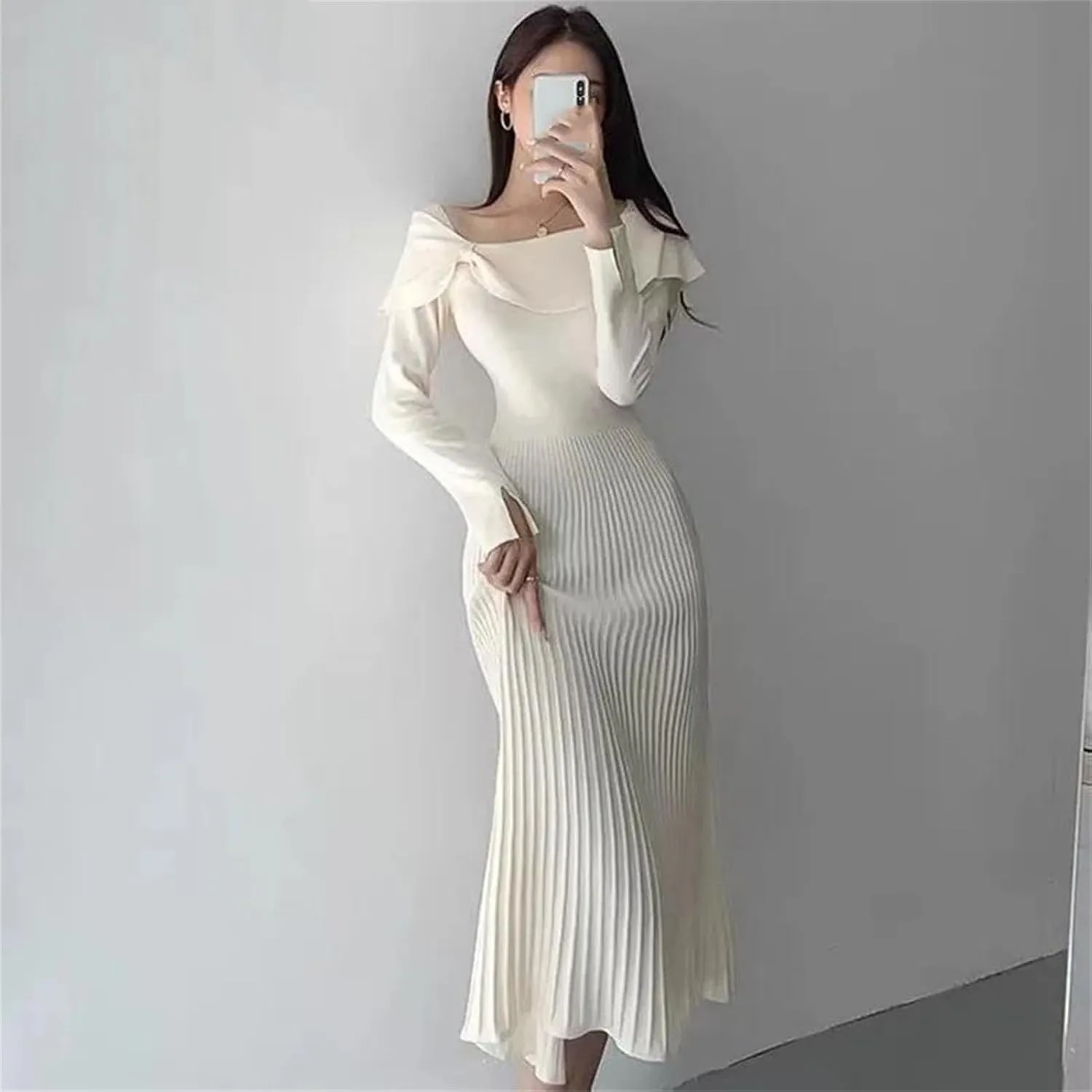 Women's Knit Pleated Midi Dress - Diagonal Collar Bow Split Long Sleeve Slim Fit