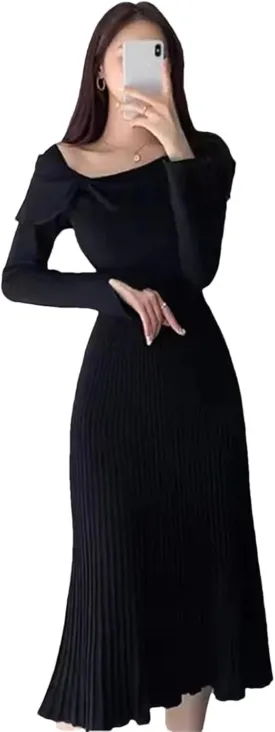 Women's Knit Pleated Midi Dress - Diagonal Collar Bow Split Long Sleeve Slim Fit