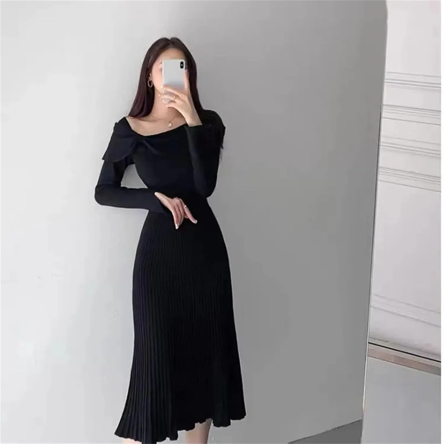 Women's Knit Pleated Midi Dress - Diagonal Collar Bow Split Long Sleeve Slim Fit