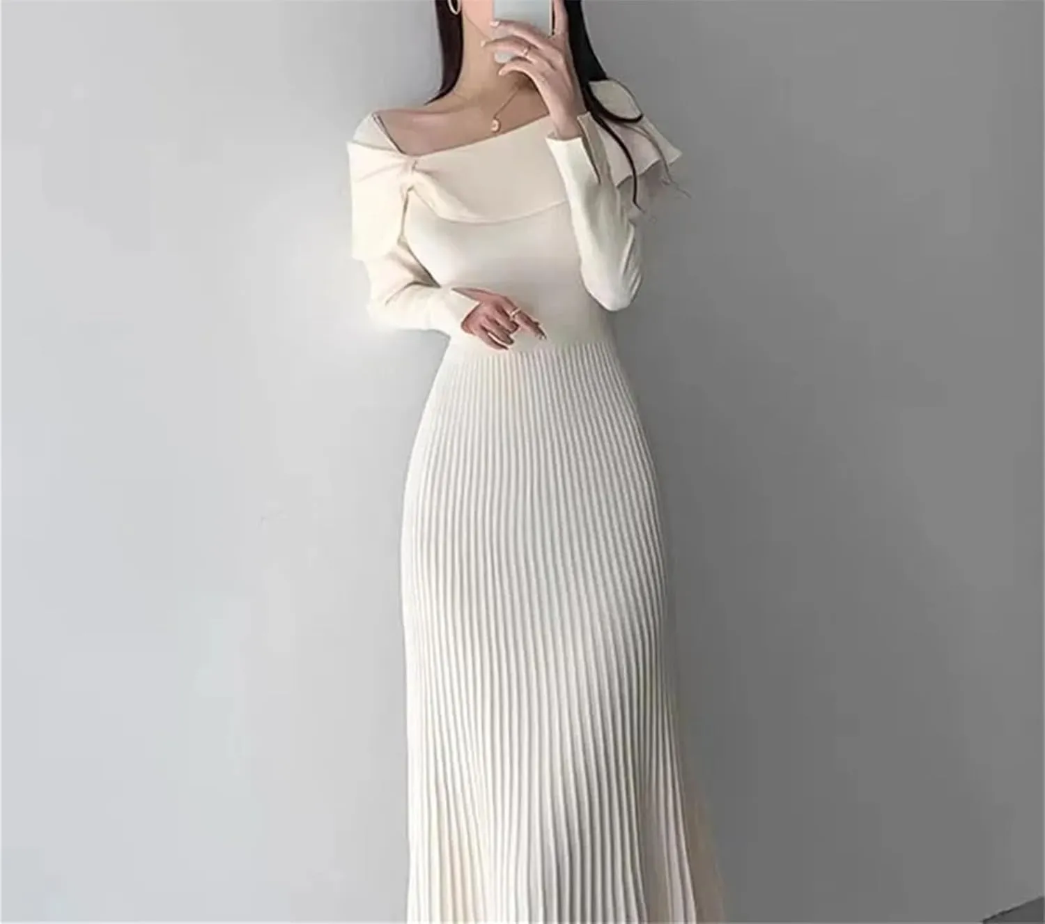 Women's Knit Pleated Midi Dress - Diagonal Collar Bow Split Long Sleeve Slim Fit
