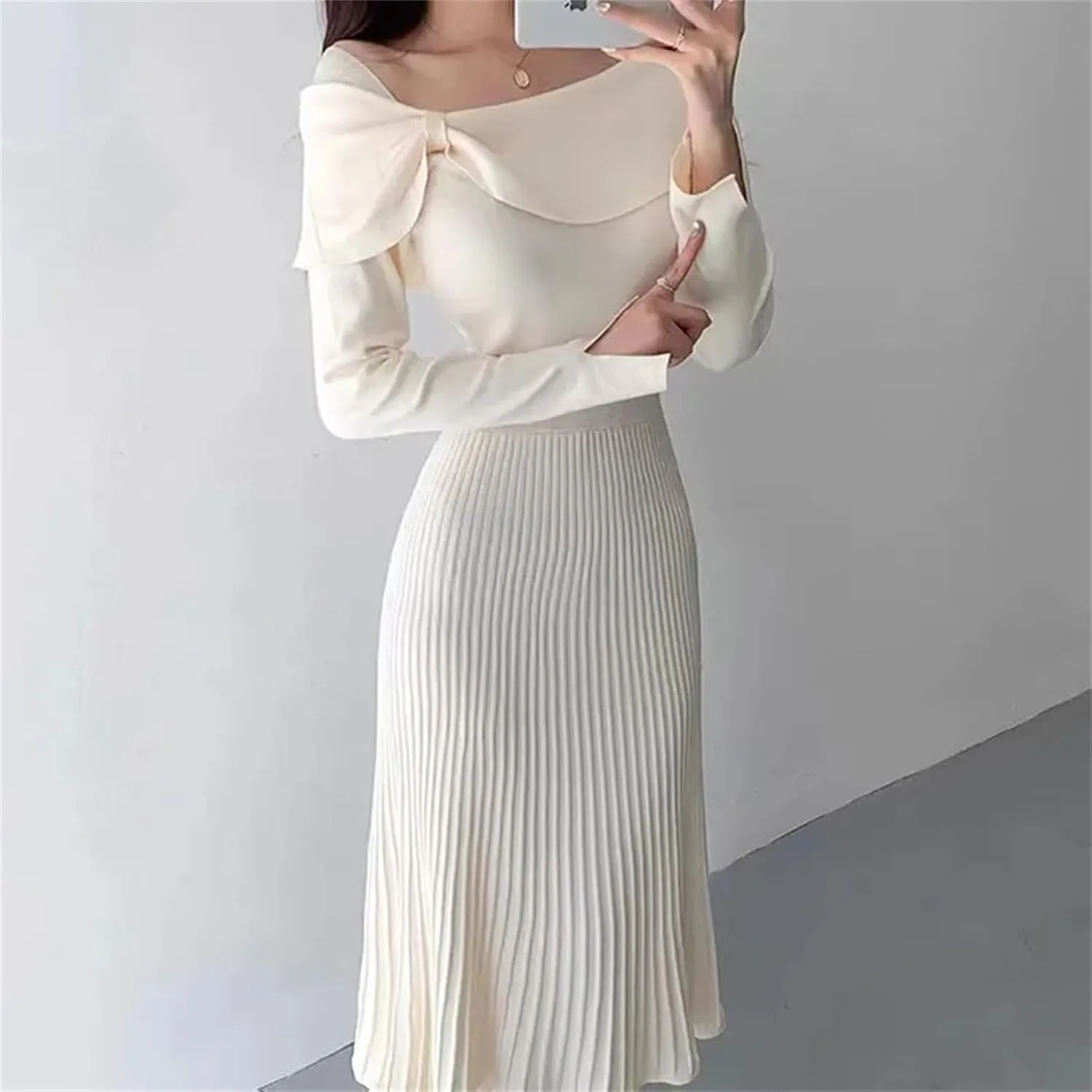 Women's Knit Pleated Midi Dress - Diagonal Collar Bow Split Long Sleeve Slim Fit