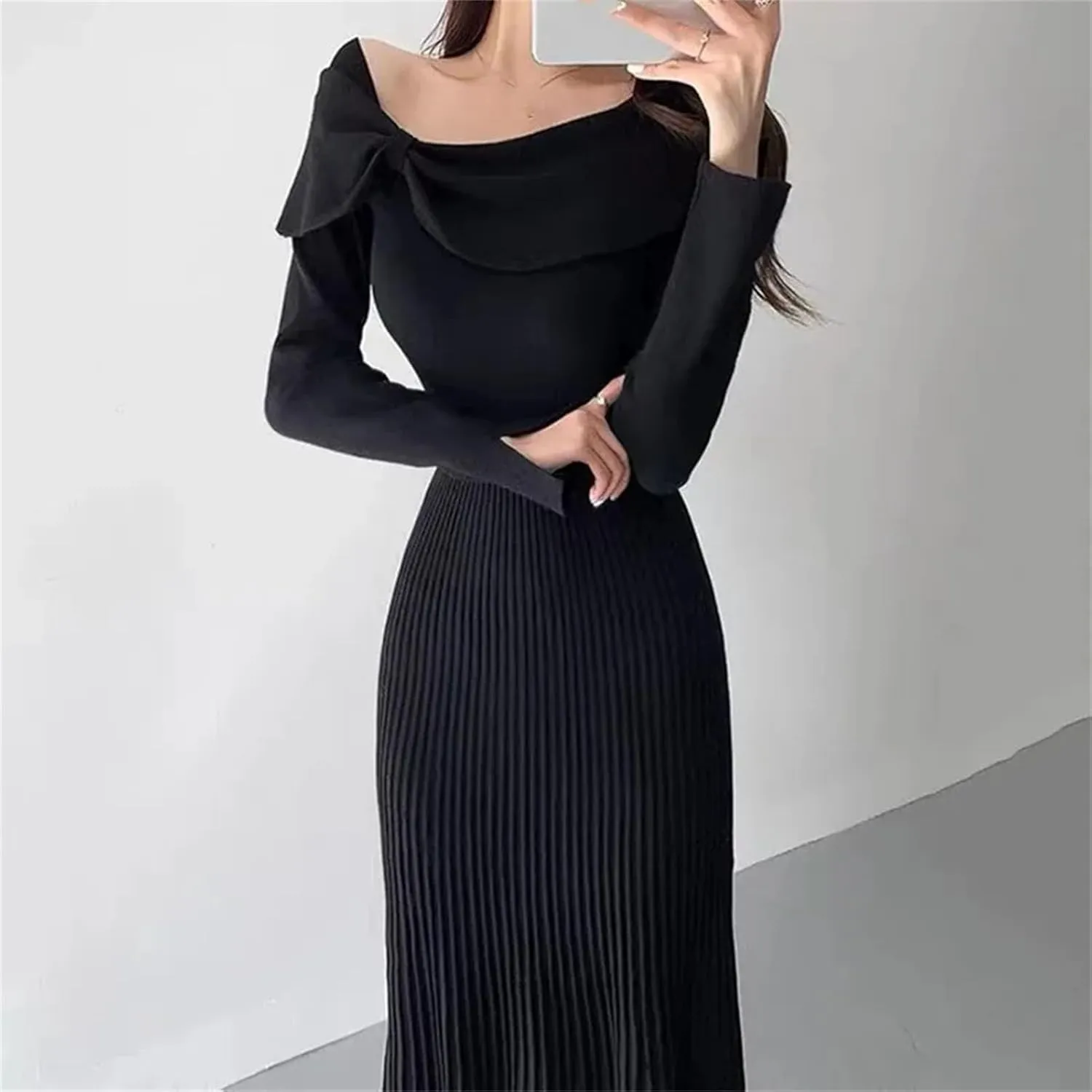 Women's Knit Pleated Midi Dress - Diagonal Collar Bow Split Long Sleeve Slim Fit