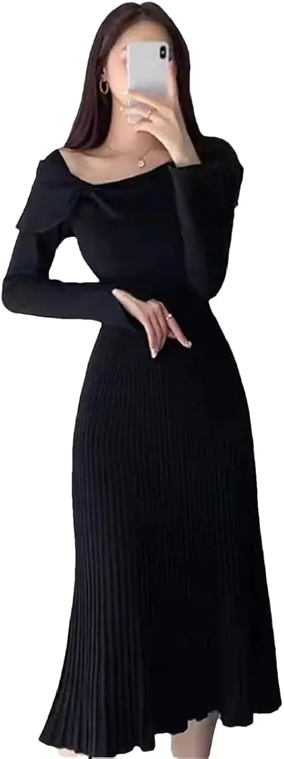 Women's Knit Pleated Midi Dress - Diagonal Collar Bow Split Long Sleeve Slim Fit