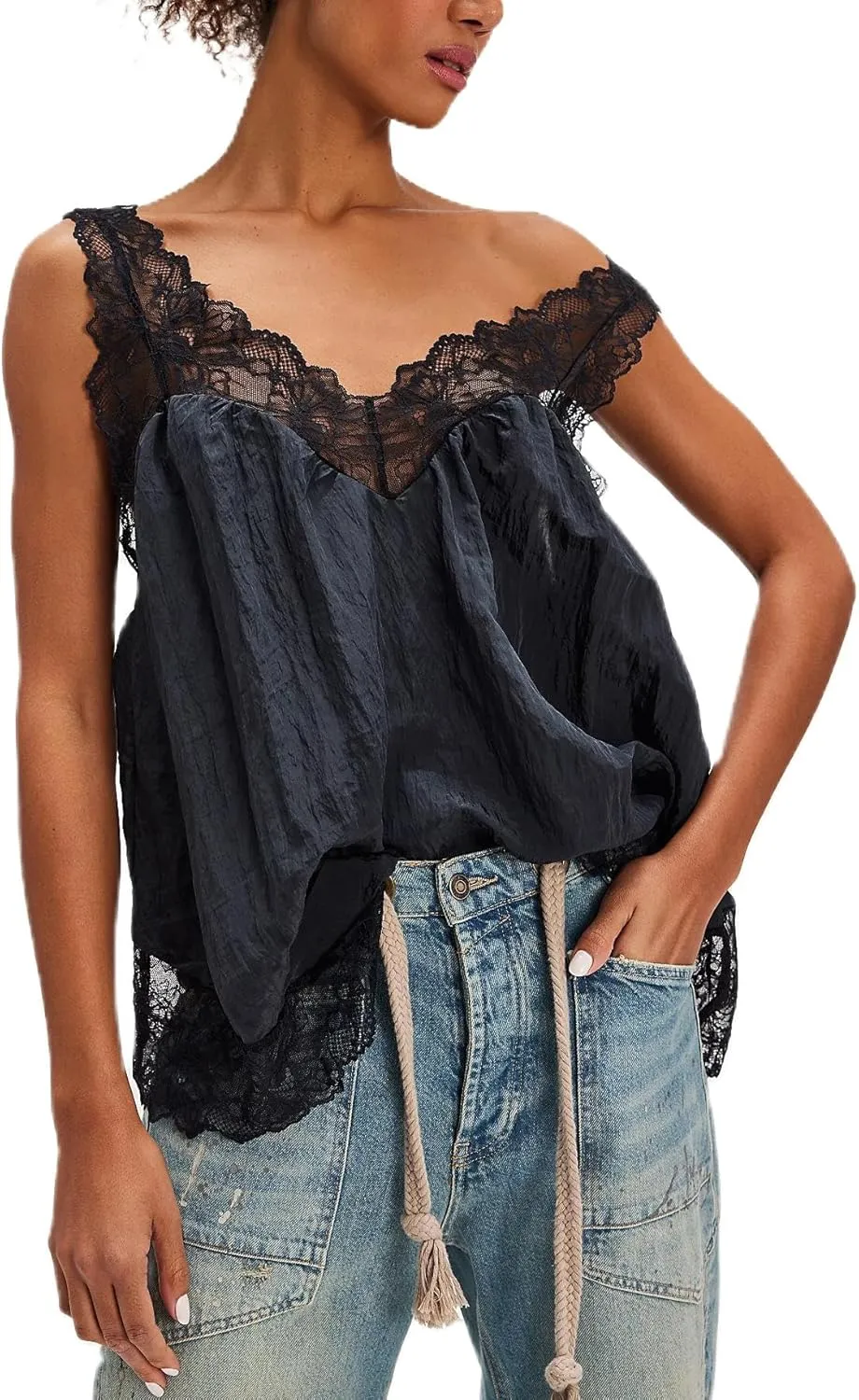 Womens Lace Trim Flowy Tank Top Boho Lace V Neck Sleeveless Camisole Tops Backless Beach Vacation Going Out Vest