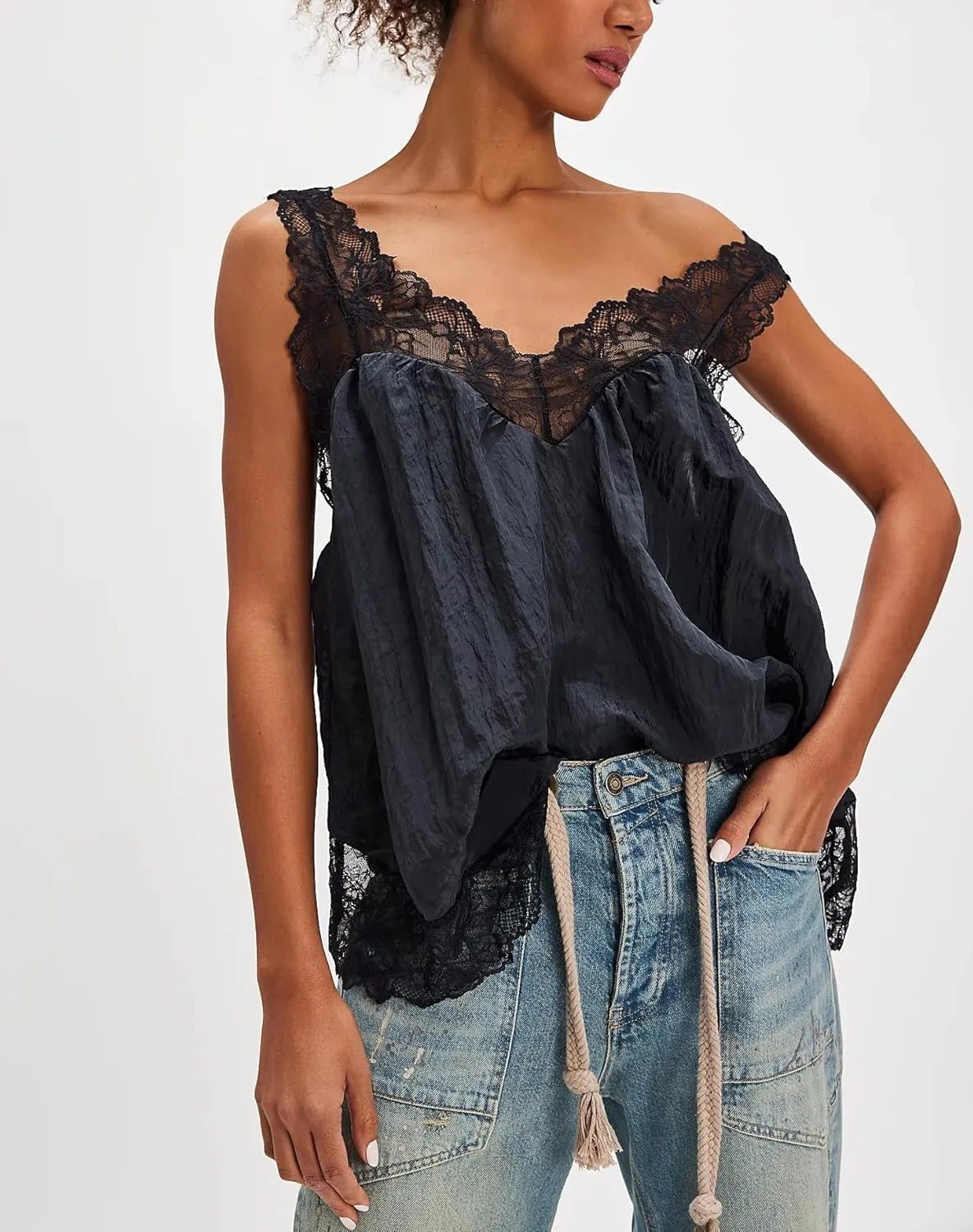 Womens Lace Trim Flowy Tank Top Boho Lace V Neck Sleeveless Camisole Tops Backless Beach Vacation Going Out Vest