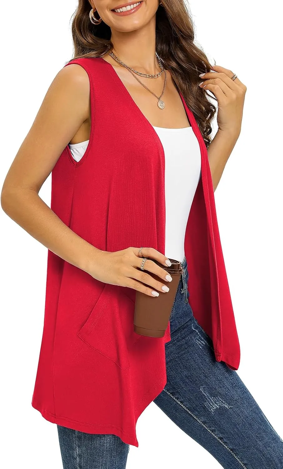 Women's Lightweight Cardigan Casual Soft Long Sleeve Floral Knit Cardigans with Pockets High Low Hem Draped Duster