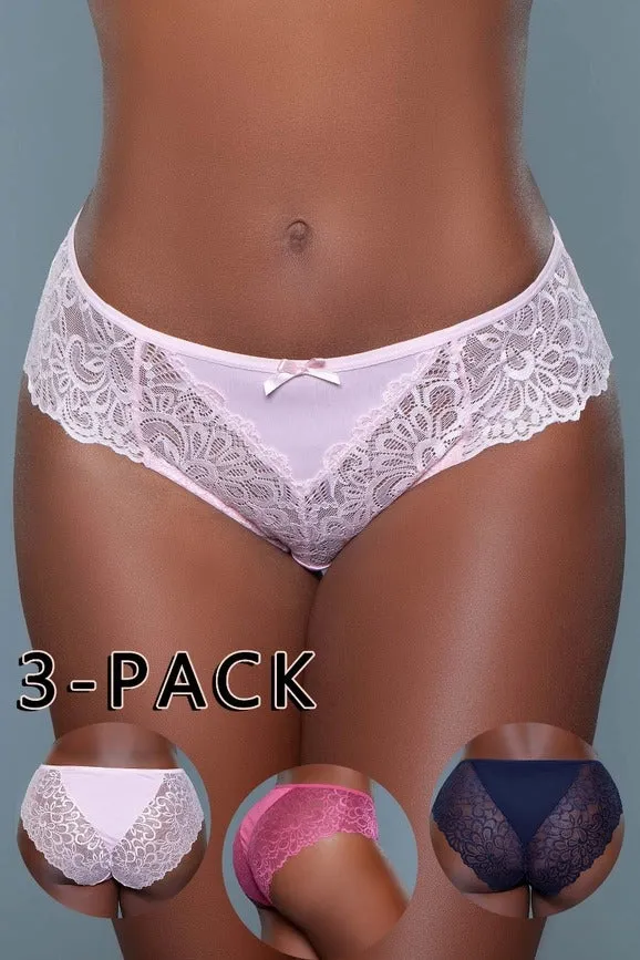 Women's (Pack of 3) Floral Lace Design High Rise Bow Detail Brief Panty