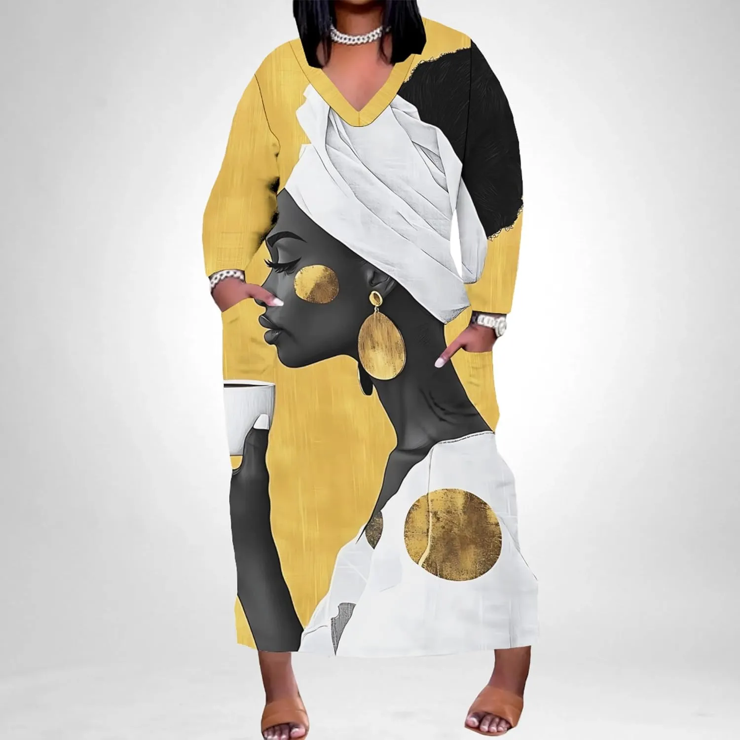 Women's Plus Size African Print Dresses Casual Loose Pocket Short Sleeve Long Maxi Dress