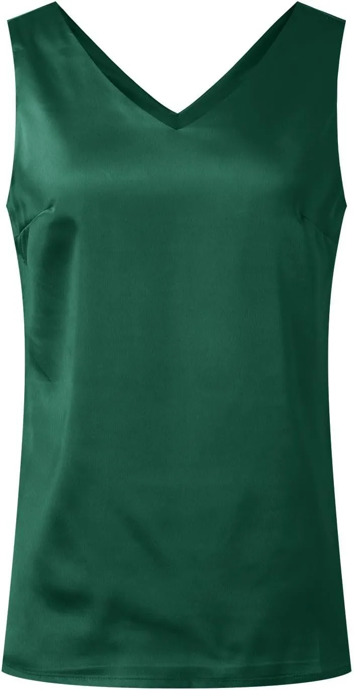 Womens Silk Satin Tank Top V Neck Casual Summer Cami Sleeveless Loose Camisole Blouses Cute Elegant Dressy Tank Shirt