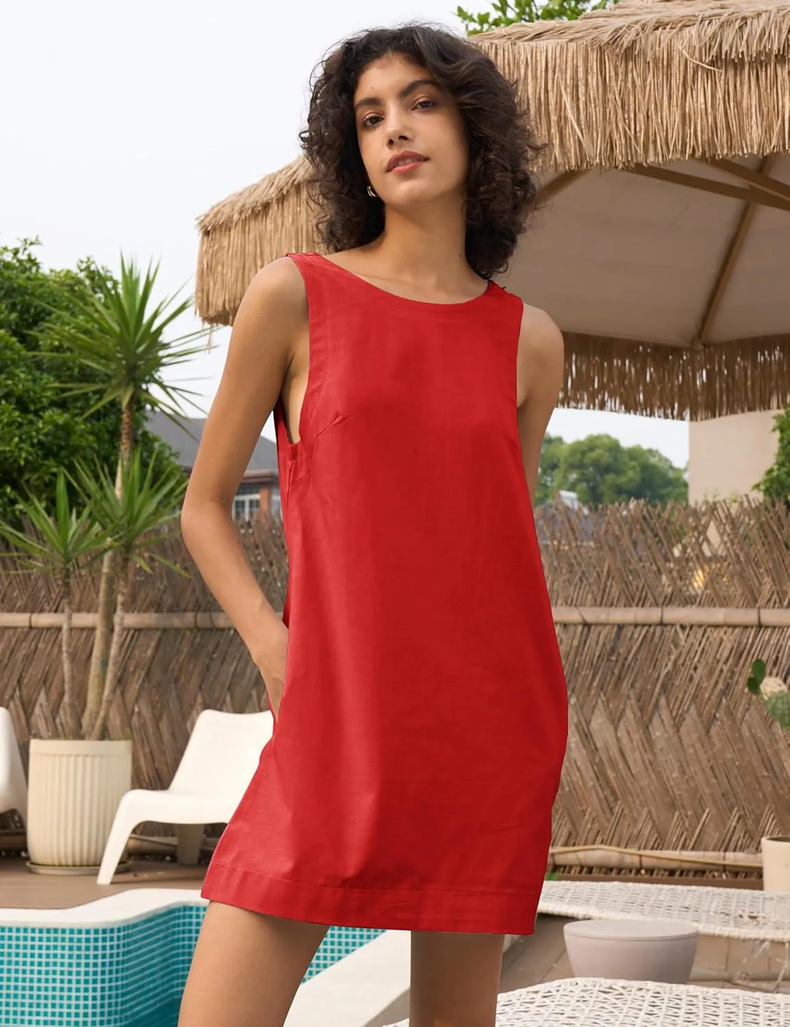 Womens Summer Crew Neck Sleeveless Open Back Dress Casual Beach Sunshine Cotton Linen Mini Dress