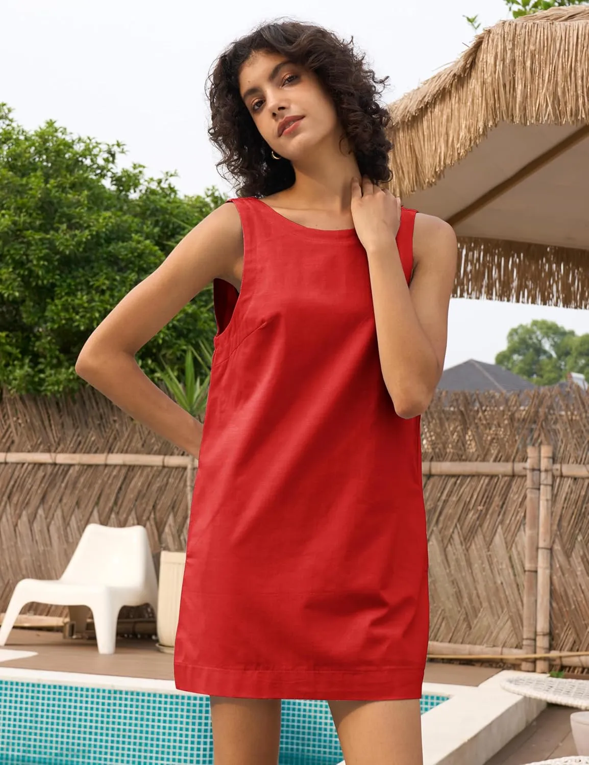 Womens Summer Crew Neck Sleeveless Open Back Dress Casual Beach Sunshine Cotton Linen Mini Dress