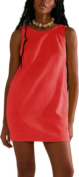 Womens Summer Crew Neck Sleeveless Open Back Dress Casual Beach Sunshine Cotton Linen Mini Dress