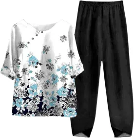 Womens Summer Linen Sets 2 Piece Lounge Sets Half Sleeve T Shirts with Cotton Linen Pants Plus Size Vacation Outfits