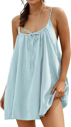 Womens Sundresses Mini Linen Beach Cover Up Tank Summer Casual Spaghetti Strap Sleeveless Dress with Pockets