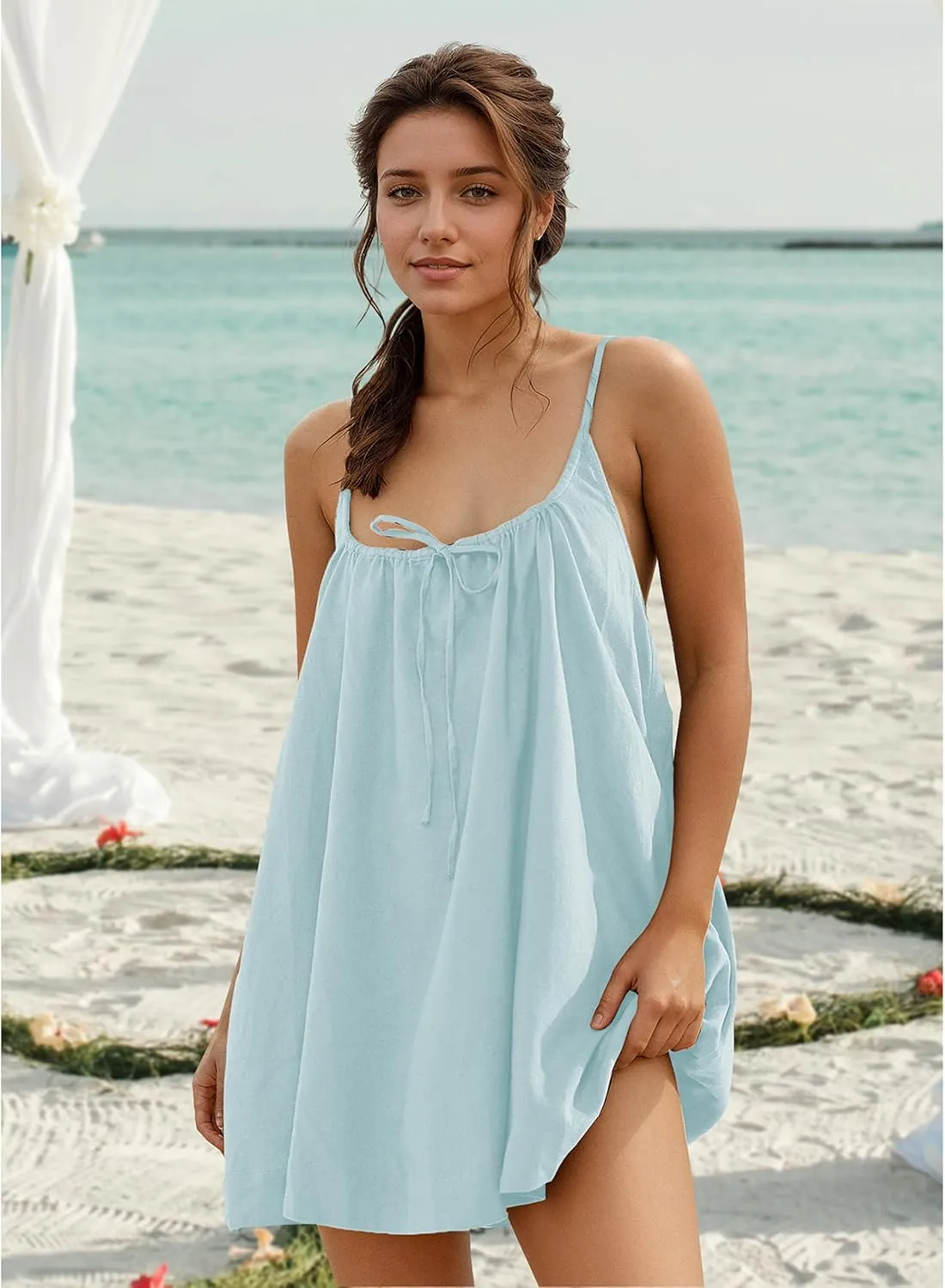 Womens Sundresses Mini Linen Beach Cover Up Tank Summer Casual Spaghetti Strap Sleeveless Dress with Pockets