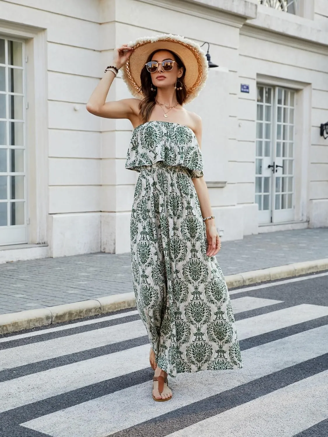 ZMPSIISA Women's Summer Off The Shoulder Maxi Dress Ruffle Strapless Blue White Porcelain Boho Casual Loose Long Dresses